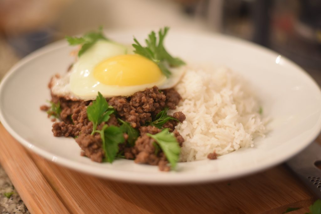 Pad KaPrao holy basil stir fry dish with meat, pork or chicken